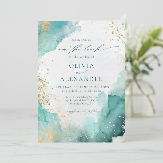 Modern Teal Gold Abstract On The Beach Wedding Kaart (Staand voorkant)