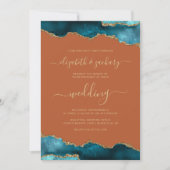 Modern Teal Gold Agate Script Burnt Orange Wedding Kaart (Voorkant)