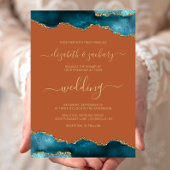 Modern Teal Gold Agate Script Burnt Orange Wedding Kaart