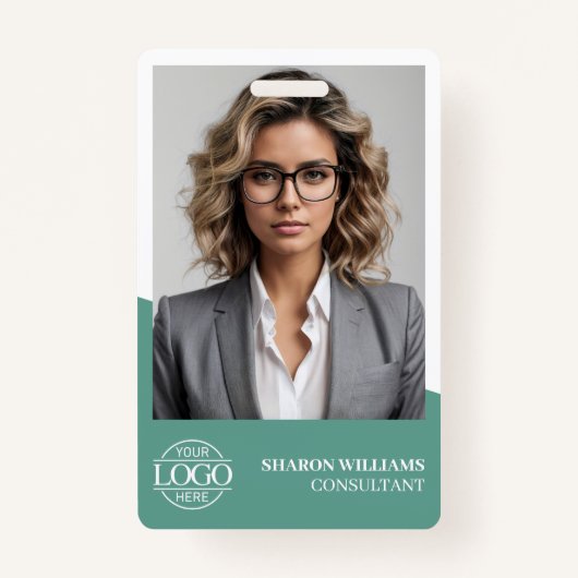 Modern Teal Green Employee Photo Company Logo Badge (Voorkant)