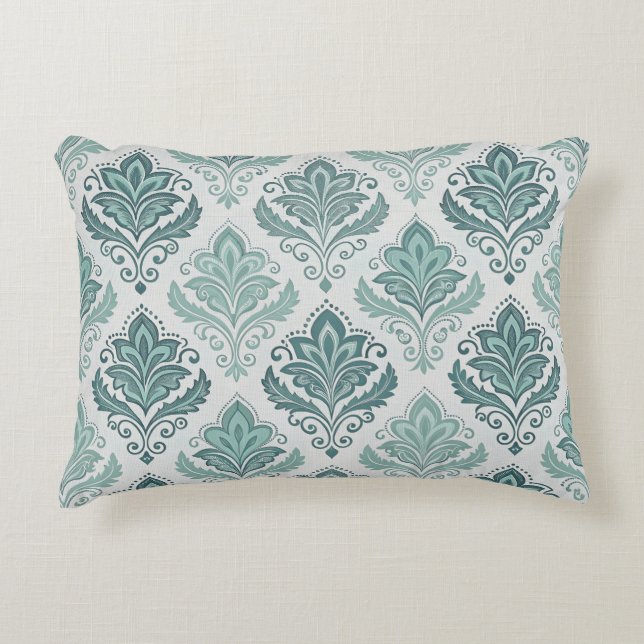 Modern Teal Nordic Damask Accent Kussen (Voorkant)