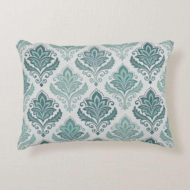 Modern Teal Nordic Damask Accent Kussen (Voorkant)