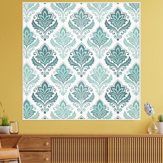 Modern Teal Nordic Damask Canvas Afdruk (Insitu (Woonkamer))