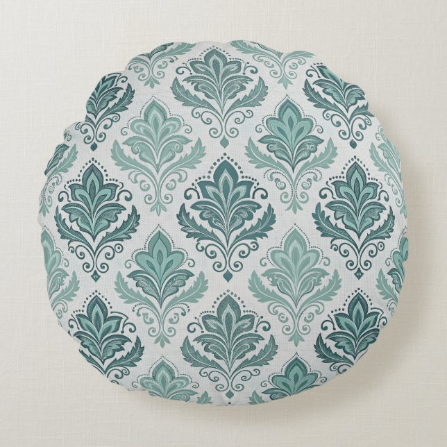 Modern Teal Nordic Damask Rond Kussen (Voorkant)