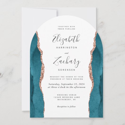 Modern Teal Rose Gold Agate Arch Wedding Kaart (Voorkant)