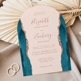 Modern Teal Rose Gold Agate Blush Arch Wedding Kaart