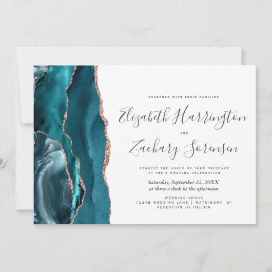 Modern Teal Rose Gold Agate Horizontal Wedding Kaart (Voorkant)