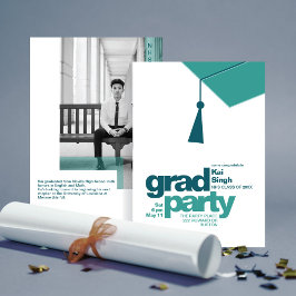 Modern Teal Typography & Tassel Grad Party Photo Kaart