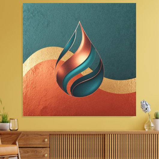 Modern Teardrop Wave Teal Copper Gold Canvas Afdruk (Insitu (Woonkamer))