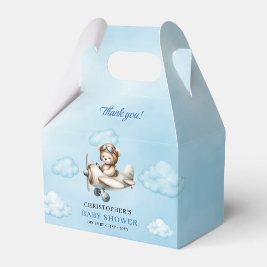 Modern Teddy Bear Aviator Blue Brown Boy Shower Bedankdoosjes (Voorkant Zijde)