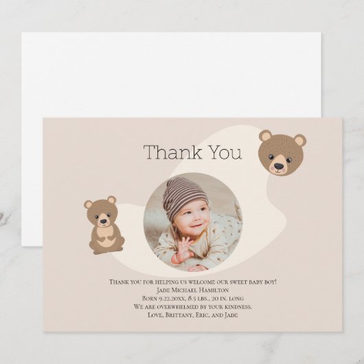 Modern Teddy Bear Baby Foto Dank u Bedankkaart (Voorkant / Achterkant)