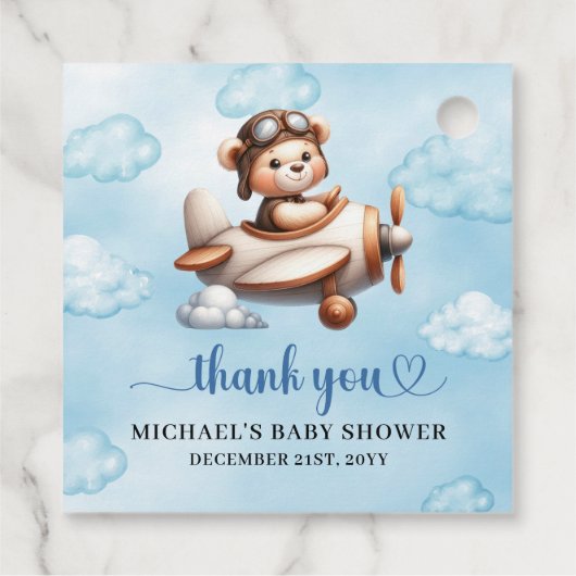 Modern Teddy Bear Pilot Airplane Blue Brown Baby Bedankjes Labels (Achterkant)