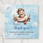Modern Teddy Bear Pilot Airplane Blue Brown Baby Bedankjes Labels (Voorkant)