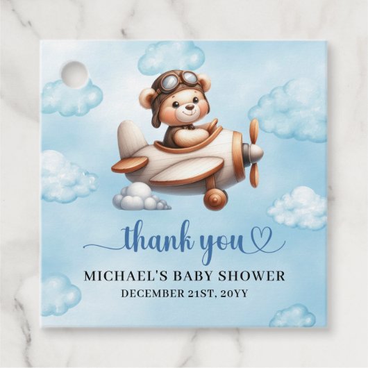 Modern Teddy Bear Pilot Airplane Blue Brown Baby Bedankjes Labels (Voorkant)