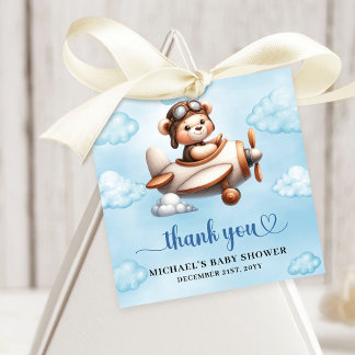 Modern Teddy Bear Pilot Airplane Blue Brown Baby  Bedankjes Labels