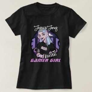 Modern Teen Gamer Girl Cartoon Name Slogan T-shirt