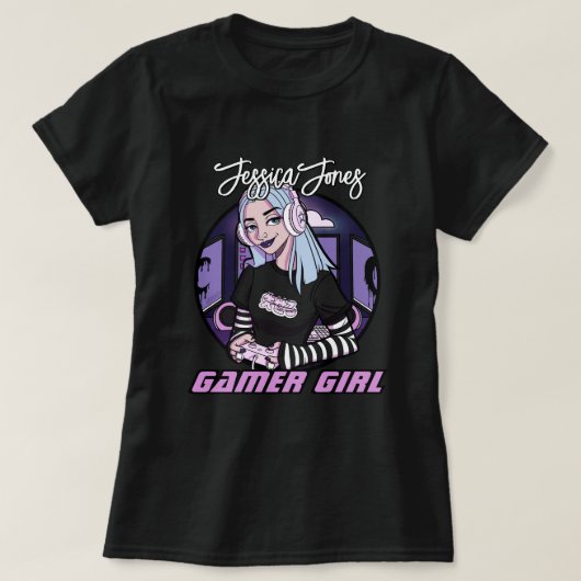 Modern Teen Gamer Girl Cartoon Name Slogan T-shirt (Design voorkant)