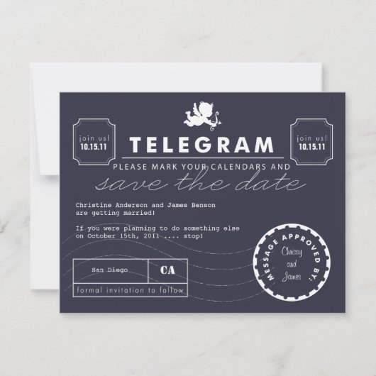 Modern Telegram Card Save the Date - Navy (Voorkant)