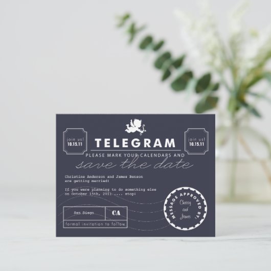 Modern Telegram Card Save the Date - Navy (Staand voorkant)
