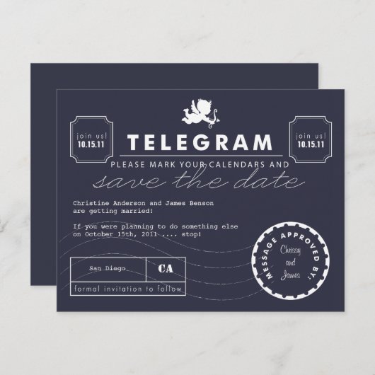 Modern Telegram Card Save the Date - Navy (Voorkant / Achterkant)