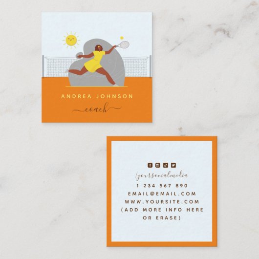 Modern Tennis Coach Vrouw Player Illustratie Vierkante Visitekaartje (Voorkant / Achterkant)