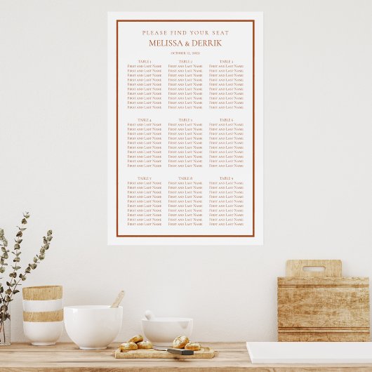 Modern Terra Cotta en White Wedding Seating Chart Poster (Keuken)