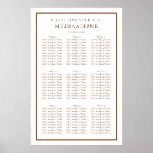 Modern Terra Cotta en White Wedding Seating Chart Poster (Voorkant)