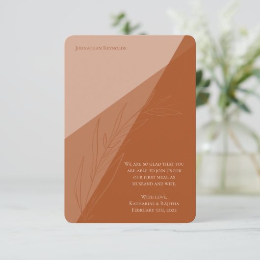 Modern Terra Cotta Leaf Wedding Place Card Save The Date (Staand voorkant)