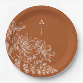 Modern Terra Cotta Monogram Floral Papieren Bordje