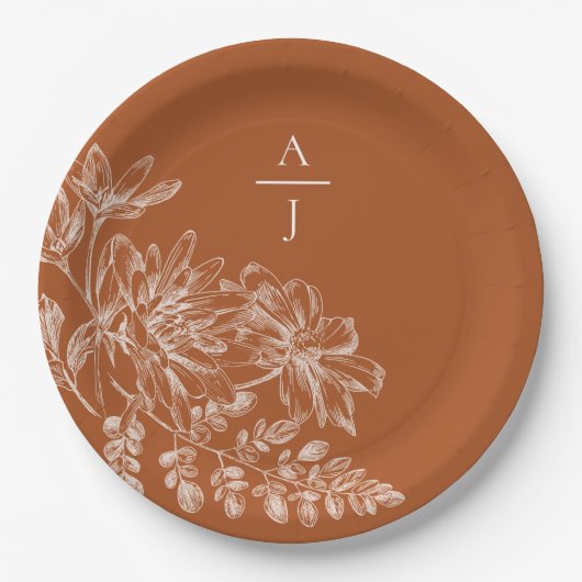 Modern Terra Cotta Monogram Floral Papieren Bordje (Voorkant)