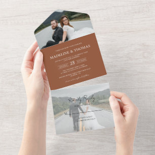 Modern Terracotta 2 Foto RSVP Wedding All In One Uitnodiging