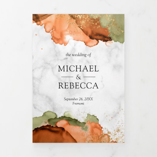 Modern Terracotta Abstracte Ink QR Code Weddenscha Drieluik Uitnodiging (Cover)