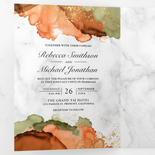 Modern Terracotta Abstracte Ink QR Code Weddenscha Drieluik Uitnodiging (Binnenzijde eerst)