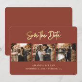 Modern Terracotta and Gold Foil Wedding 3 Foto Save The Date (Voorkant / Achterkant)