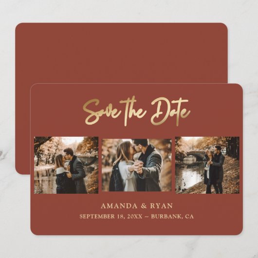Modern Terracotta and Gold Foil Wedding 3 Foto Save The Date (Voorkant / Achterkant)