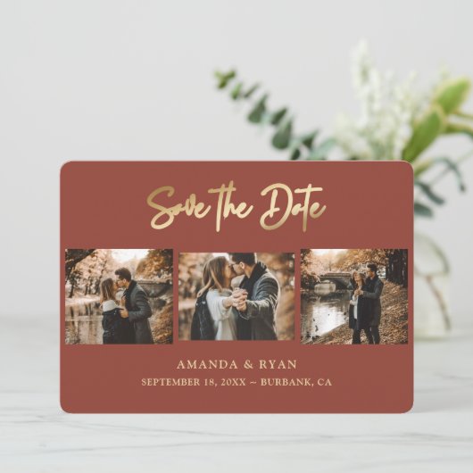 Modern Terracotta and Gold Foil Wedding 3 Foto Save The Date (Staand voorkant)