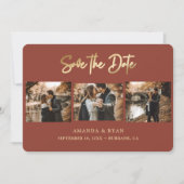 Modern Terracotta and Gold Foil Wedding 3 Foto Save The Date (Voorkant)