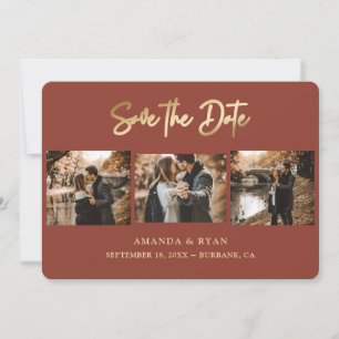 Modern Terracotta and Gold Foil Wedding 3 Foto Save The Date