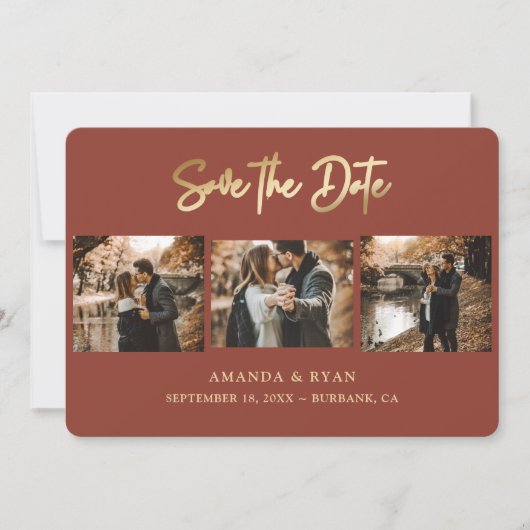Modern Terracotta and Gold Foil Wedding 3 Foto Save The Date (Voorkant)