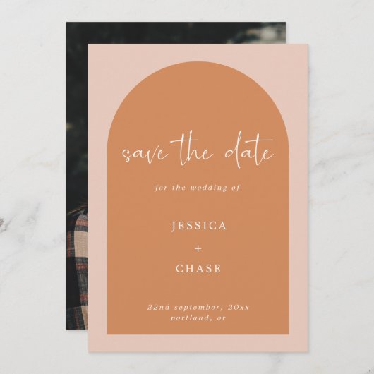Modern Terracotta Arch Photo Wedding Save The Date (Voorkant / Achterkant)