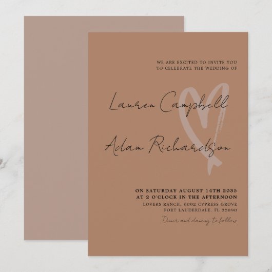 Modern Terracotta & Black Heart Wedding Invitation Kaart (Voorkant / Achterkant)