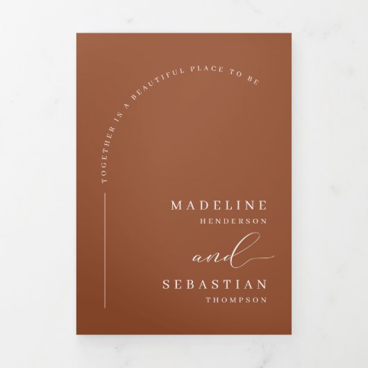 Modern Terracotta Boho Arch Photo QR Code Weddensc Drieluik Uitnodiging (Cover)