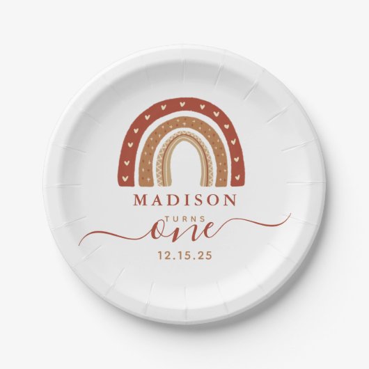 Modern Terracotta Boho Rainbow Birthday Papieren Bordje (Voorkant)