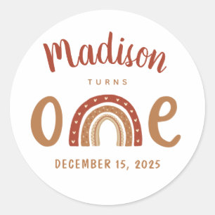 Modern Terracotta Boho Rainbow First Birthday Ronde Sticker