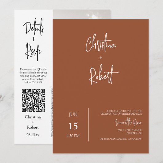 Modern Terracotta Boho Wedding Photo QR Code RSVP Kaart (Voorkant / Achterkant)