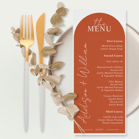 Modern Terracotta Boog Huwelijksmenu Menu
