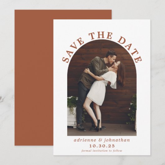 Modern Terracotta Burnt Oranje Boho Arch Foto Save The Date (Voorkant / Achterkant)