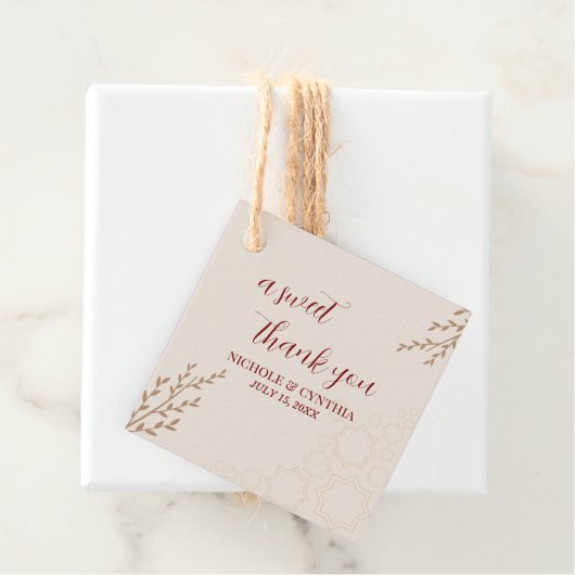 Modern Terracotta Burnt Sinaasappel Boho Wedding Bedankjes Labels (In situ)