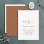 Modern Terracotta Calligraphy Wedding Invitation Kaart<br><div class="desc">Het rendabele, elegante en moderne, eenvoudige, minimalistische terracotta en witte typografie bruiloft-ontwerp kenmerkt 'De bruiloft van' in moderne kalligrafie en Serif-tekst als de belangrijkste ontwerpeigenschap, en is gebaseerd op onze beste vrijgezellenfeest-uitnodiging. De achterkant van de kaart is voorzien van een terracotttextuur. De ontwerper van het contact voor de passende producten....</div>