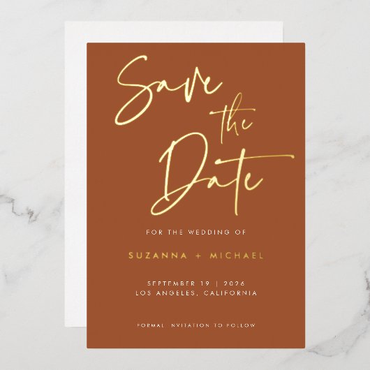Modern Terracotta Calligraphy Wedding Save Date Folie Uitnodiging (Voorkant / Achterkant)